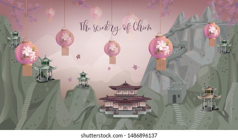 The scenery in Chinese style, with the great wall of  China ,pavlion on the hill and lantern hanging with tree on pink background