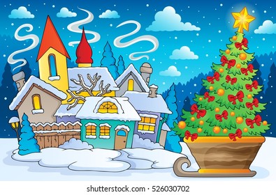 Scenery with Christmas tree on sledge - eps10 vector illustration.