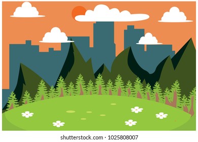 scenery in city park with mountain, vector illustration