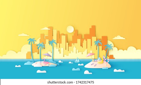 Scenery of city and sea with sunset in evening. Summer landscape. paper cut and craft style. vector, illustration.