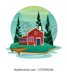 Scenery with a classic Scandinavian Sommarstuga house on a little island with some pine trees. Northern tourism concept.