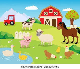 Scenery Of Countryside Farm House With Livestock Animals. Flat Vector Cartoon Design