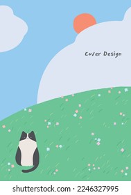 Scenery cover design. For poster, postcard, notebook, book cover, background, social media story, brochure, flyer. Hand-drawn vector illustration. Nature landscape and a cat.