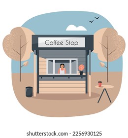 Scenery with cute little coffee shop on springtime with trees in blossom. Vector illustration in flat style