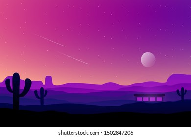 Scenery desert in cartoon landscape design with Milky Way and starry night purple sky background