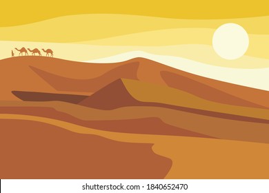 Scenery of desert illustration in abstract background character, vintage pastel color, with moon and camel caravan, vector eps 10