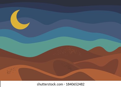 Szenerie der Wüstengrafik auf abstraktem Hintergrund, Vintage-Pastellfarbe, mit Mond- und Kamelkarawane, Vektoreps10