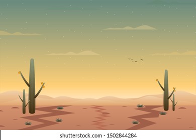 Scenery desert landscape with green cactus and evening sky background 