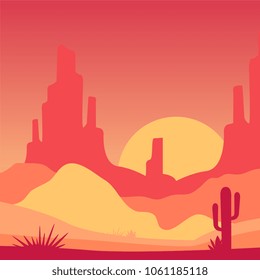 Scenery of desert with rocky mountains and cactus plants. Landscape with sunrise. Vector design in gradient colors for mobile game, postcard or banner