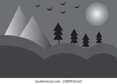 scenery design with sun bird mountain tree