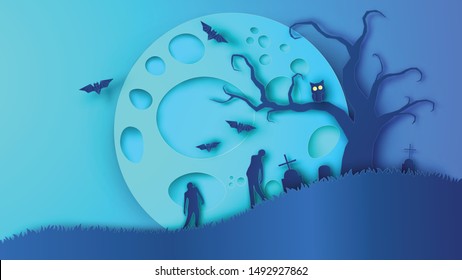 Scenery of desolate cemetery in full moon night with scary atmosphere on Halloween. Graphic design for Halloween. paper cut and craft style. vector, illustration.