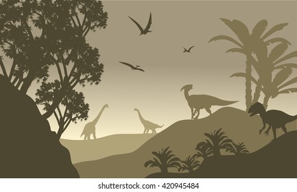 Scenery dinosaur of silhouette with brown backgrounds