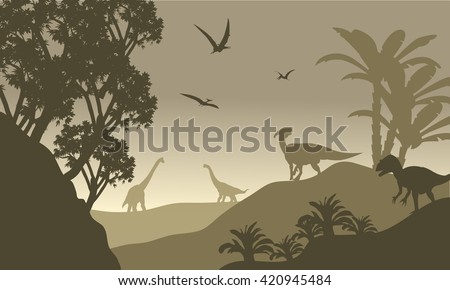 Scenery dinosaur of silhouette with brown backgrounds