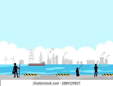 scenery of the factory area,bay side and fishing people 