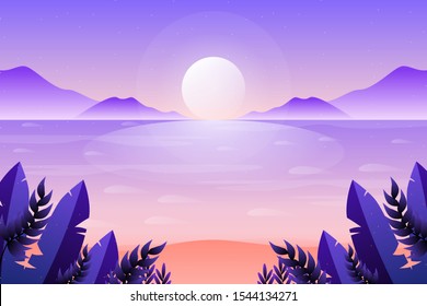 Scenery fantasy sunset on the beach with garden and purple sky background