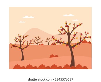Scenery in the forest with orange grass, bare trees because of the fallen leaves with a mountain view. Autumn sunset beautiful. Nature of design. background. Vector flat illustration