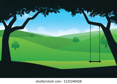 Scenery of forest trees and green mountain landscape. Vector nature background