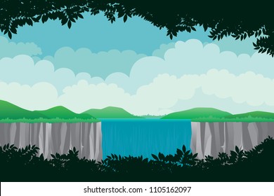 Scenery of forest trees with waterfall landscape. Vector nature background