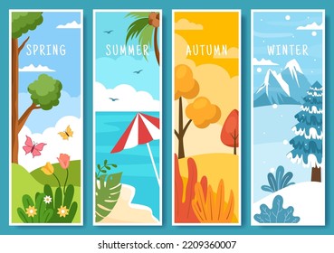 Scenery of the Four Seasons of Nature with Landscape Spring, Summer, Autumn and Winter in Template Hand Drawn Cartoon Flat Style Illustration