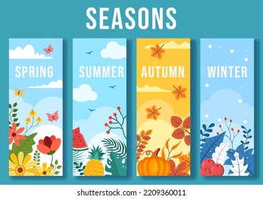 Scenery the Four Seasons Nature and Landscape Spring  Summer  Autumn   Winter in Template Hand Drawn Cartoon Flat Style Illustration