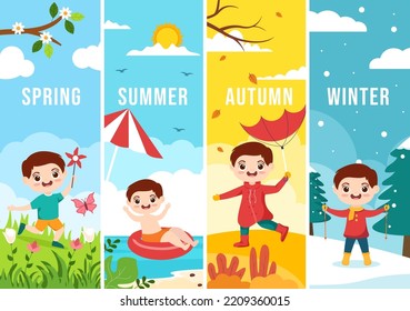 Scenery of the Four Seasons of Nature with Landscape Spring, Summer, Autumn and Winter in Template Hand Drawn Cartoon Flat Style Illustration