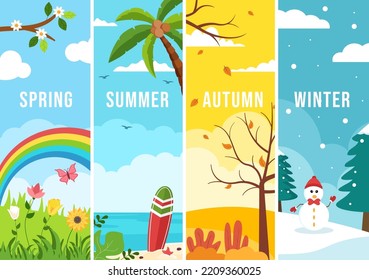 Escenario de las cuatro estaciones de la naturaleza con primavera paisajista, verano, otoño e invierno a mano de plantilla Dibujo caricatura de estilo plano Ilustración