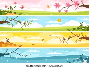 Four seasons month nature landscape winter, summer, autumn, spring vector  flat scenery Stock Vector