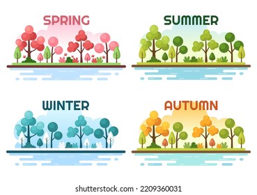 Scenery of the Four Seasons of Nature with Landscape Spring, Summer, Autumn and Winter in Template Hand Drawn Cartoon Flat Style Illustration