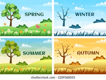 Scenery of the Four Seasons of Nature with Landscape Spring, Summer, Autumn and Winter in Template Hand Drawn Cartoon Flat Style Illustration