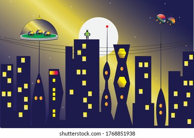 Scenery of a future city with buildings, towers, drones, drone landing places, glowing windows, robot, shining stars and a big moon with a nostalgic evening sky.