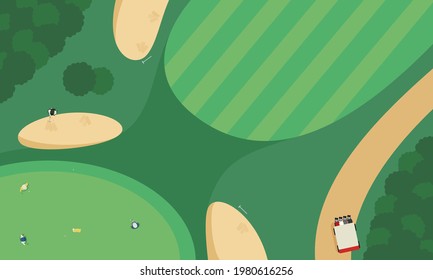 The scenery of the golf course. An illustration of putting a putter on a golf green.