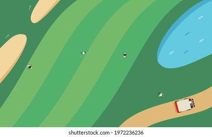 The scenery of the golf course. Illustrations of people enjoying golf balls on the fairway.