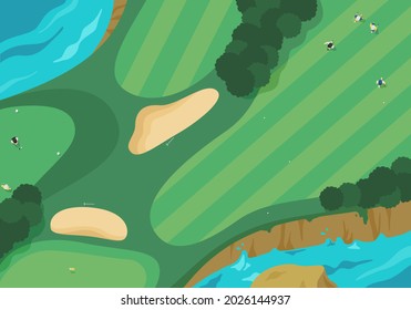 The scenery of the golf course. Illustrations of people playing golf near the sea.