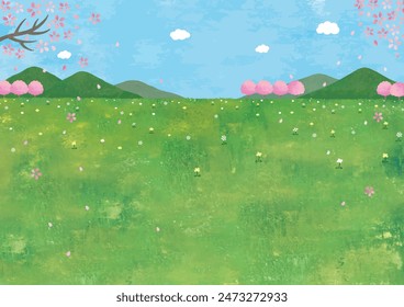 Scenery of grass field and cherry trees