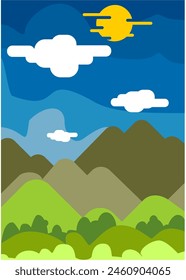 Scenery of Green Hills and Grey Mountains with Blue Skies and White Clouds and Sun Shine