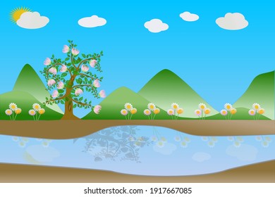 Un paisaje de colinas, ríos, sol, nubes y un árbol con flores.
