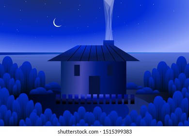 scenery house with blue forest fantasy landscape