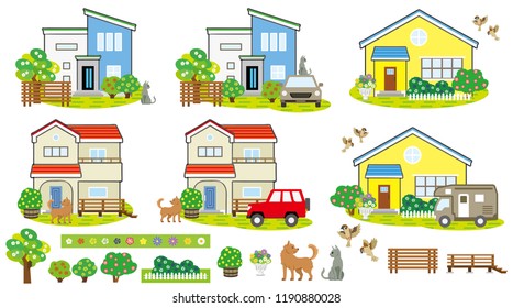 Scenery of the houses with animals and flowers