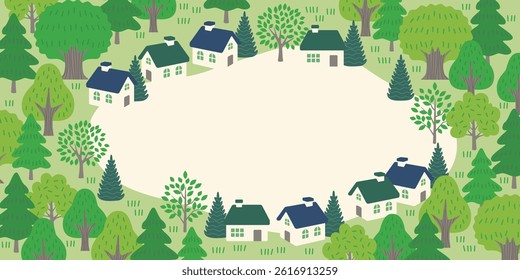 Scenery of houses and squares surrounded by forest