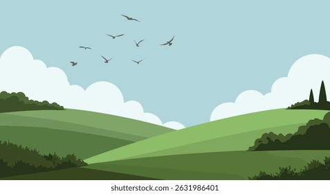 A scenery illustration of hill and sky with birds flying