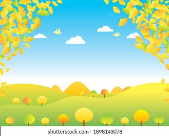 Scenery illustration of mountain and hill which changed color into yellow with autumn ginkgoes