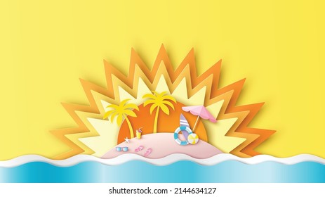 El paisaje de la isla en el mar con equipamientos de playa y fondo de sol. El paisaje marino. Hora de verano. Cortado de papel y estilo artesanal. vector, ilustración.