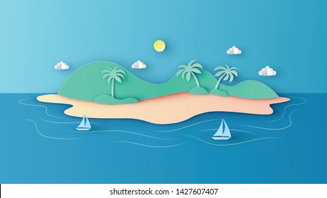 Scenery of the island in sea with sailboat floating in the sea. paper cut and craft style. vector,illustration.