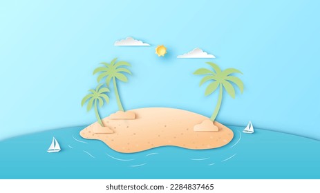 Scenery of the island in sea with sailboat floating in the sea. Sea view. paper cut and craft style. vector,illustration.