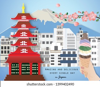 Scenery of Japan with mountain,city,temple and hand hold an ice cream,paper art style.