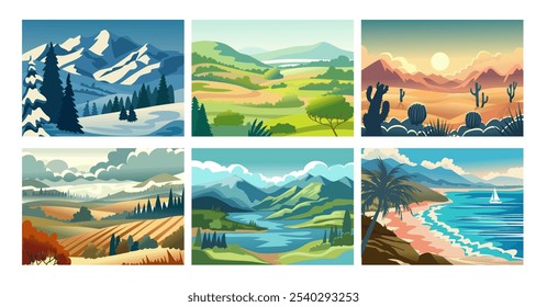 Scenery landscape. Desert, sea, valley field with water, snowy Alps, scenic spring. Nature of mountains, clouds in sky, dry cactus, snow. Different environment. Vector cartoon flat illustration set