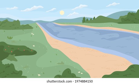 Scenery landscape of river bank, green trees, grass and bushes, forest or park nature. Vector scenic place for outdoor recreation, camping, fishing or hiking on water, summer adventures, flat cartoon