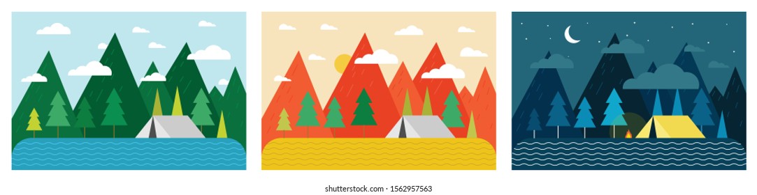 Scenery landscape vector design template with three types of time. Day, evening, and night scenery illustration. Mountain, pines, lake, and  camping tent in landscape.