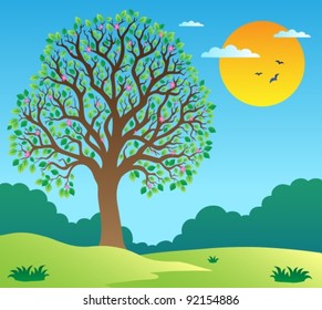 Scenery with leafy tree 1 - vector illustration.