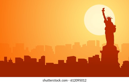 Scenery liberty building at sunset silhouettes